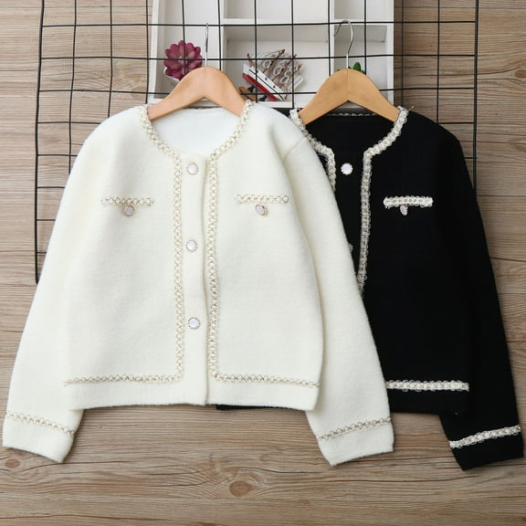 AINIYS Little Girls Cardigan Crewneck Sweater Long Sleeve Button Kids Trendy Solid Coat Black 5 Years