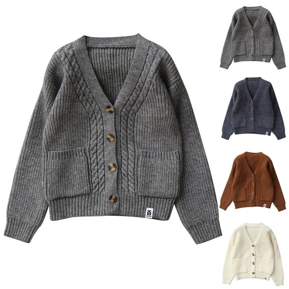 AINIYS Unisex Boy' Girls' Cardigans Sweater V-Neck Long Sleeve Button Soild Thickening Knit Sweaters with Pockets Brown 5 Years