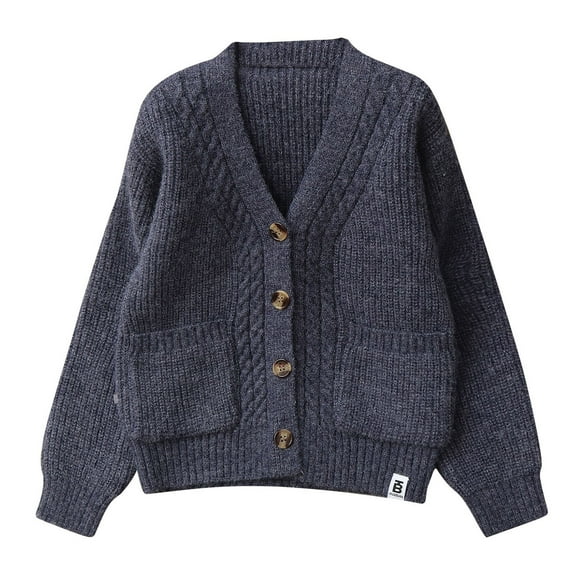 AINIYS Unisex Boy' Girls' Cardigans Sweater V-Neck Long Sleeve Button Soild Thickening Knit Sweaters with Pockets Dark Blue 5 Years