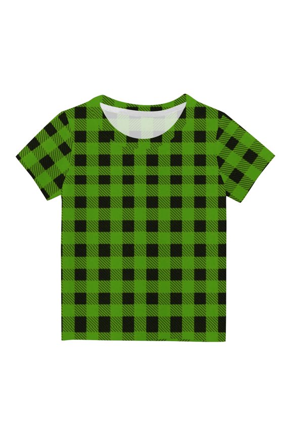 Unisex Kids Short Sleeve T-Shirt Plaid Checkered Loose Fit Tee Tops Green 3-4 Years