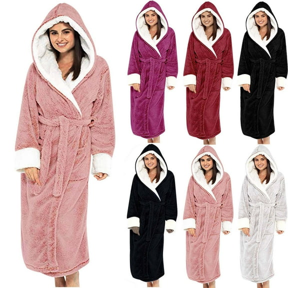AINIYS Unisex Long Sleeve Hooded Bathrobe Soft Flannel Robe Warm Winter Lounge Coat with Pockets for Casual Home Relaxing Black L