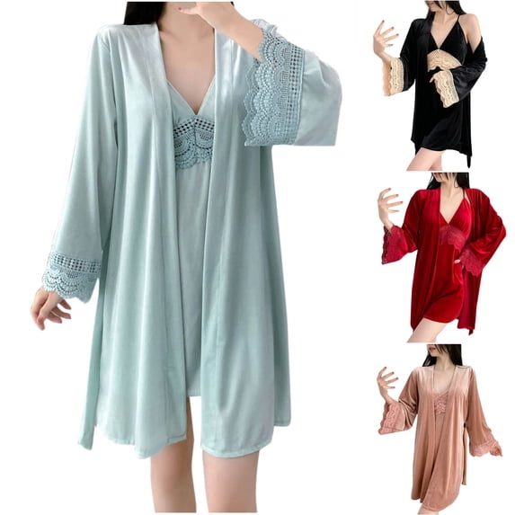AINIYS V Neck Velvet Lace Trim Sleep Dress and Robe Set, Solid Color, Adjustable Straps, Women's Pajama Nightwear for Relaxing Nights Light Blue L