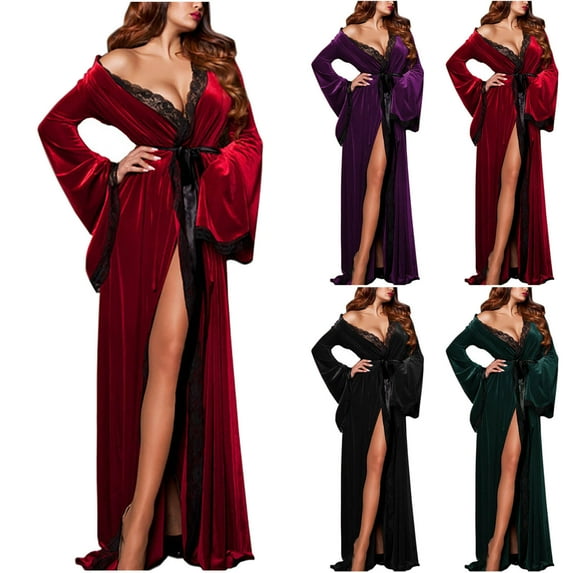 AINIYS V-neck Velvet Lace Cardigan Long Nightgown Soft Casual Sleepwear Elegant Robe with Belt for Women Green Free Size