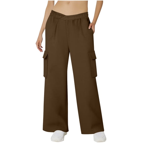 AINIYS Wide Leg Sweatpants Women Cargo Pants for Girls Elastic High Waisted Baggy Sweatpants for Women Solid Casual Pants with Pockets Brown S