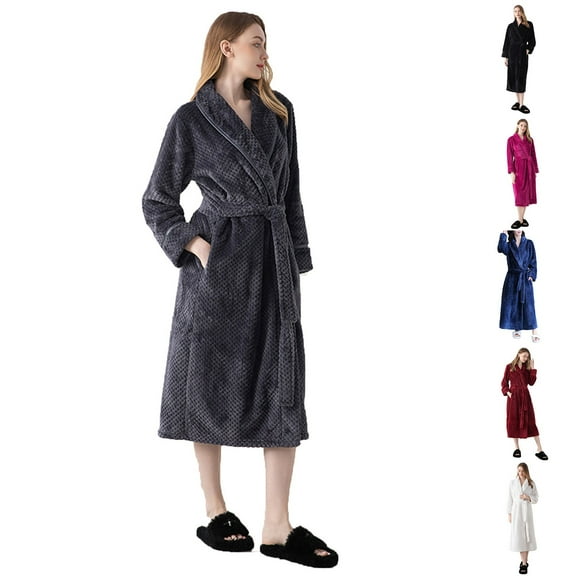 AINIYS Winter Bathrobe Couple Fleece Robe Men and Women Soft Warm Nightgown with Pockets, Casual Homewear for All Seasons Wine M