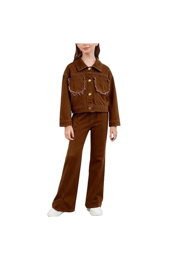 Winter Denim Suit Long-sleeved Jacket Wide-leg Trousers Fleece-lined Soft Breathable Casual Set for Kids Daily Travel Brown 3-4Years