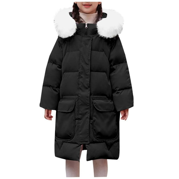 AINIYS Winter Kids Down Jacket Hooded Long Sleeve Warm Parka Thickened Windproof Coat for Girls Stylish Mid-Length Outerwear Casual Wear for Outdoor Activities Navy 14-15Years