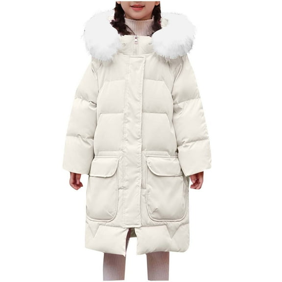 AINIYS Winter Kids Down Jacket Hooded Long Sleeve Warm Parka Thickened Windproof Coat for Girls Stylish Mid-Length Outerwear Casual Wear for Outdoor Activities White 6-7Years