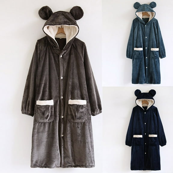 AINIYS Winter Thick Long Velvet Bathrobe Women's Solid Color Soft Cozy Home Wear Nightgown for Casual Daily Use Navy L