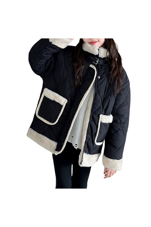 Winter Thickened Loose Casual Hoodless Coat Soft Comfortable Long Sleeves Pockets Fashionable Stylish Outerwear for Kids Suitable for School Vacation Daily Activities Black 4 Years