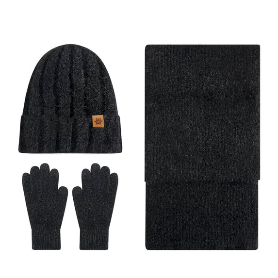 AINIYS Winter Women's Warm Wool Hat Scarf Gloves Set Double Layer Thick Knitted Windproof Ear Protection Casual Daily Black Free Size