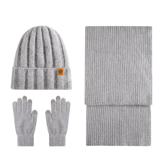 AINIYS Winter Women's Warm Wool Hat Scarf Gloves Set Double Layer Thick Knitted Windproof Ear Protection Casual Daily Gray Free Size