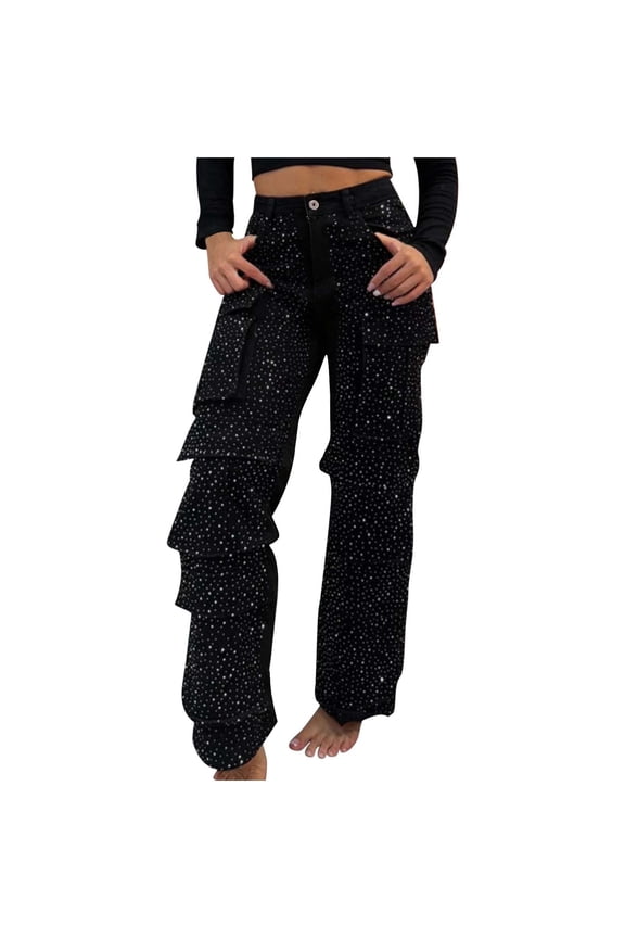Women Cargo Pants Multi-Pocket Rhinestone Denim Trousers Casual Solid Comfortable Breathable Daily Party Unique Style Women's Fashion Pants Black XL