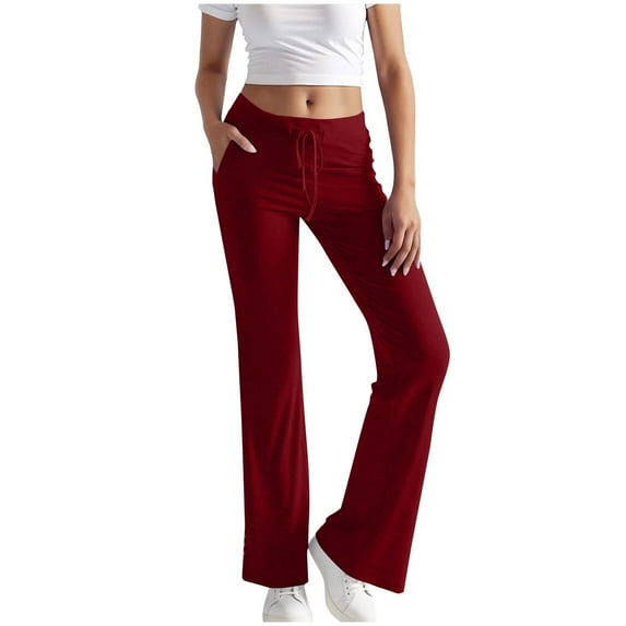AINIYS Women Casual Elastic Waist Wide Leg Pants with Side Pockets Stylish Open Hem Comfortable Breathable Athletic Trousers for Daily Wear and Workout Activities Red L