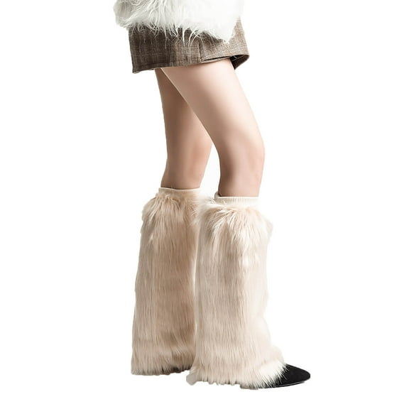 AINIYS Women Faux Fur Leg Warmers Long Furry Leg Foot Boot Cuffs Girls Winter Boot Socks Beige L