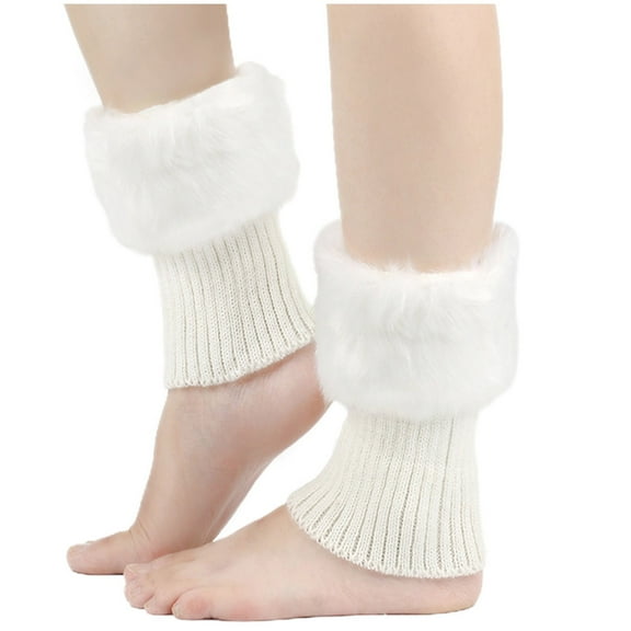 AINIYS Women Faux Fur Trim Boot Cuffs Furry Fuzzy Leg Warmers Winter Knitted Boot Socks Ankle Warmers for Girls White Free Size