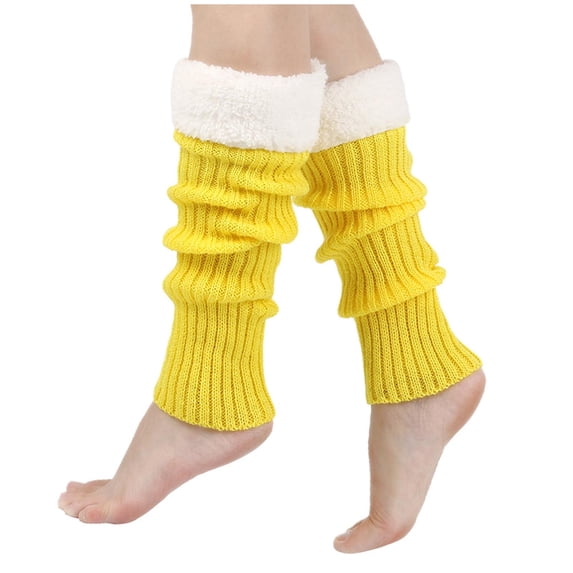 AINIYS Women Knit Leg Warmers Lamb Wool Ribbed Striped Leg Warmer Fleece Plush Trim Long Boot Socks Yellow Free Size