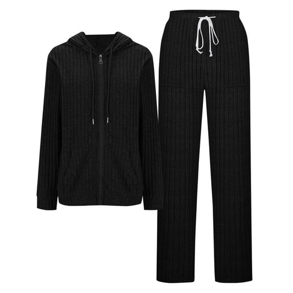 AINIYS Women Loungewear Set 2PC Matching Ribbed Knit Outfits Long Sleeves Zipper Hooded Sweatshirts Wide Leg Pants Outfits Black XL