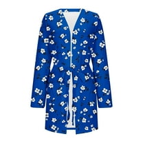AINIYS Women Robes Short Lightweight Robe Soft Long Sleeve V Neck Sleepwear Casual Belt Bathrobe Printed Loungewear Blue Pajamas for Women _a L