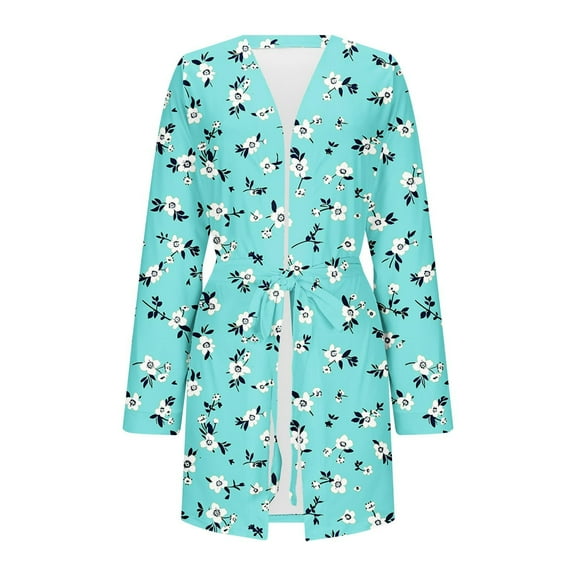 AINIYS Women Robes Short Lightweight Robe Soft Long Sleeve V Neck Sleepwear Casual Belt Bathrobe Printed Loungewear Mint Green Pajamas for Women _b L