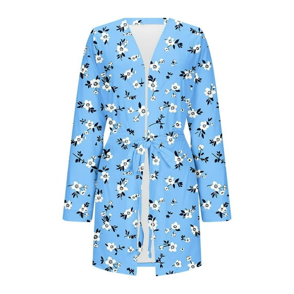 AINIYS Women Robes Short Lightweight Robe Soft Long Sleeve V Neck Sleepwear Casual Belt Bathrobe Printed Loungewear Sky Blue Pajamas for Women _a XXXL