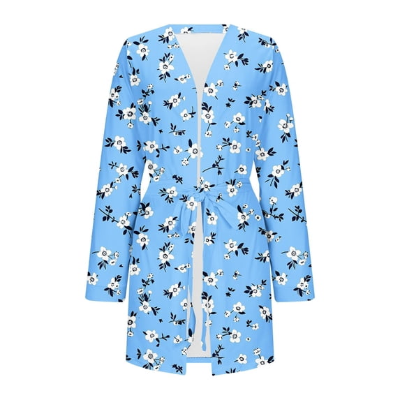 AINIYS Women Robes Short Lightweight Robe Soft Long Sleeve V Neck Sleepwear Casual Belt Bathrobe Printed Loungewear Sky Blue Pajamas for Women _a XXXXXL