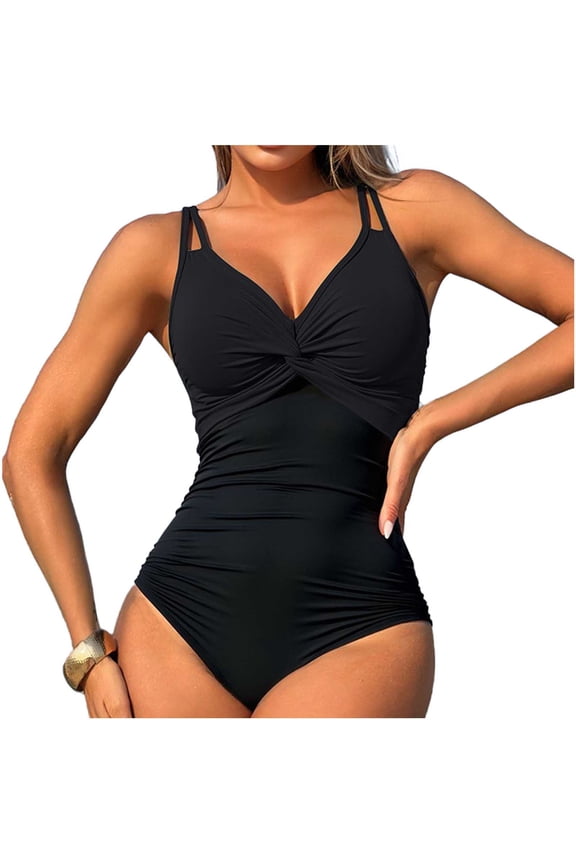 Women's 1-Piece Swimsuit Ruched Waist Detail Deep V Neck Lightweight Material Beach Resort Pool Party Evening Summer Vacation Wear Black M