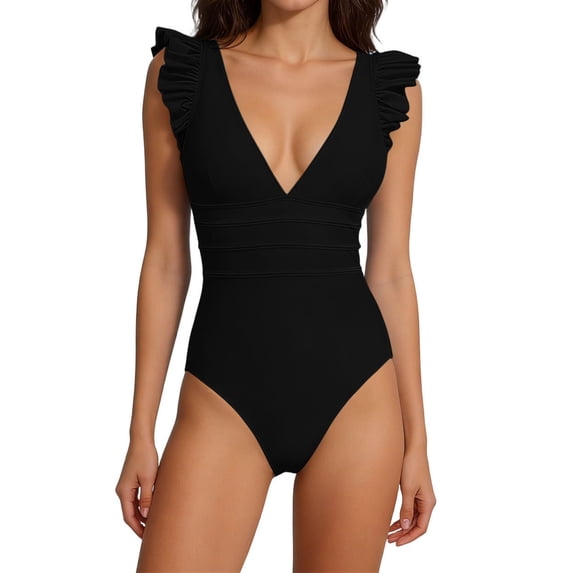 AINIYS Women's 1-Piece Swimsuit Ruffled Shoulder Detail Deep V Neck Lightweight Material Beach Resort Pool Party Evening Summer Leisure Wear Black L