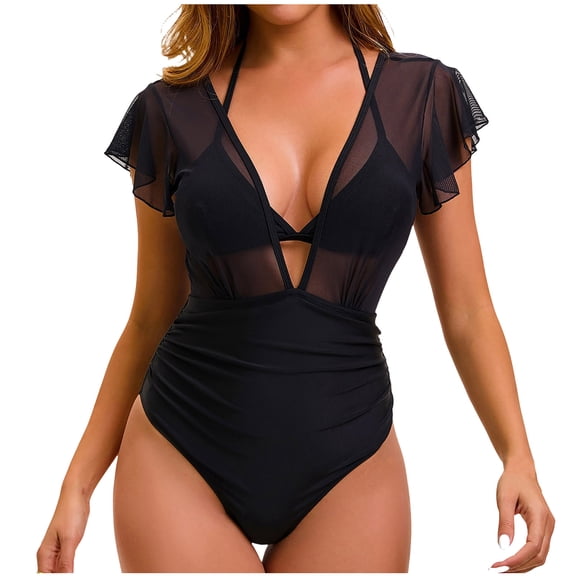 AINIYS Women's 1-Piece Swimsuit Ruffled Shoulder Detail Deep V Neck Stretch Fabric Resort Swimming Water Activity Summer Casual Outfit Black L