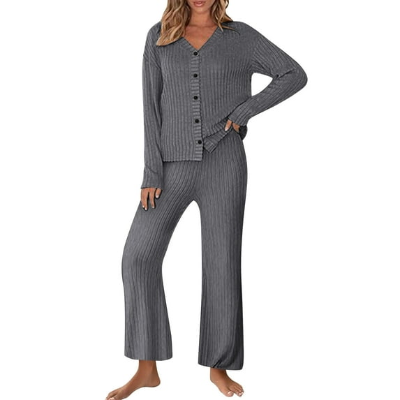 AINIYS Women's 2 Piece Loungewear Sets Ribbed Long Sleeve Button Top Matching Pants Sleepwear Pjss Set 2025 Fall Outfits Dark Gray M