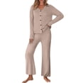 thumbnail image 1 of AINIYS Women's 2 Piece Loungewear Sets Ribbed Long Sleeve Button Top Matching Pants Sleepwear Pjss Set 2025 Fall Outfits Khaki M, 1 of 8