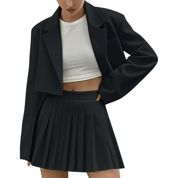 AINIYS Women's 2 Piece Open Front Cropped Suit Long Sleeve Blazer High Waist Solid Pleated Skirt Suit Sets Black S