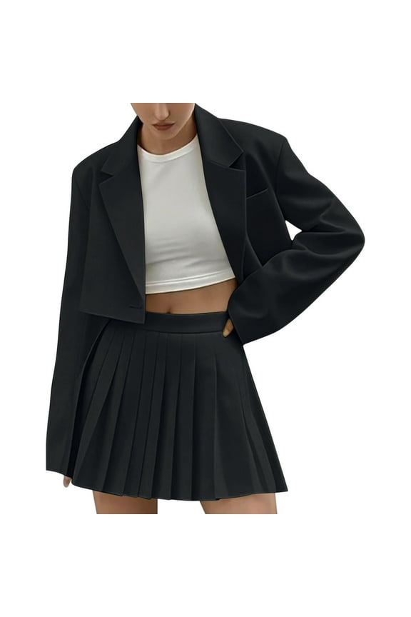 Women's 2 Piece Open Front Cropped Suit Long Sleeve Blazer High Waist Solid Pleated Skirt Suit Sets Black S