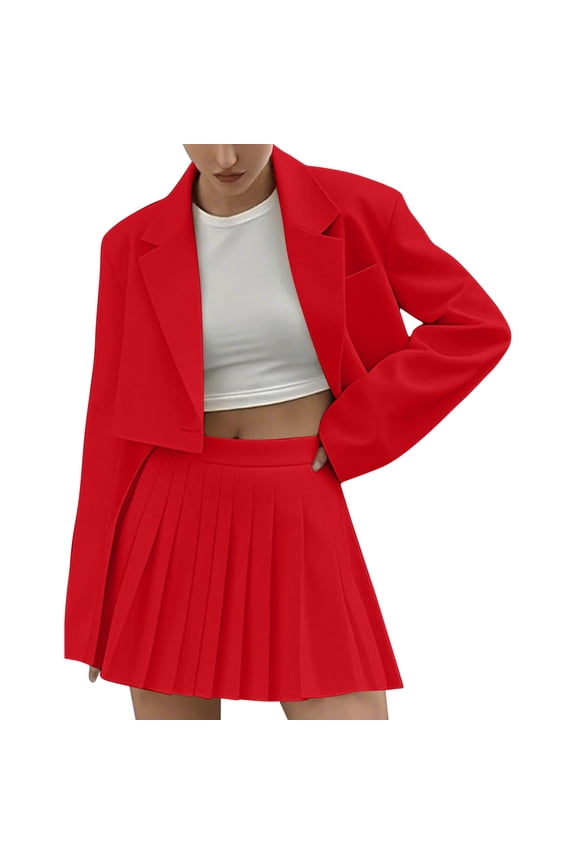 Women's 2 Piece Open Front Cropped Suit Long Sleeve Blazer High Waist Solid Pleated Skirt Suit Sets Red S