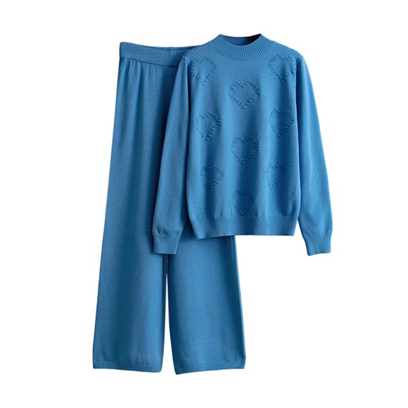 AINIYS Women's 2 Piece Outfits Long Sleeve Knit Crewneck Sweater Top Casual Wide Leg Pants Loungewear Sets Blue Free Size