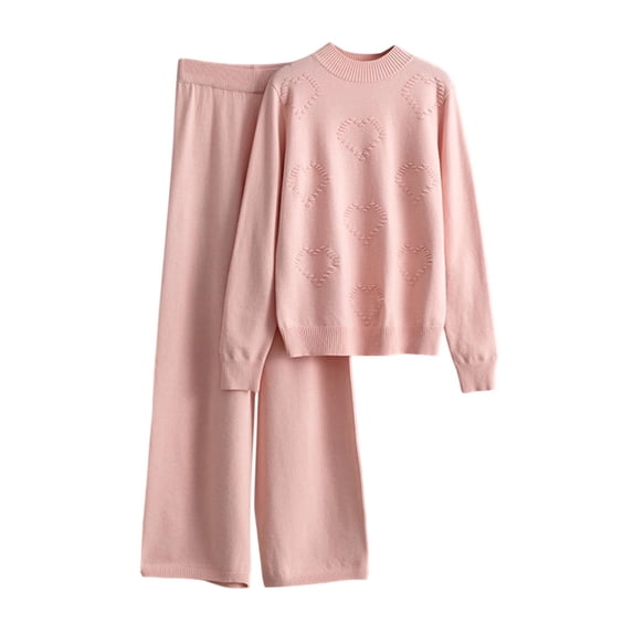 AINIYS Women's 2 Piece Outfits Long Sleeve Knit Crewneck Sweater Top Casual Wide Leg Pants Loungewear Sets Pink Free Size