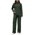 thumbnail image 1 of AINIYS Women's 2 Piece Outfits Sweater Set Wide Leg Pants High Neck Pullover Solid Color Sweater Sweatsuit Loungewear Fall Clothes Army Green S, 1 of 8