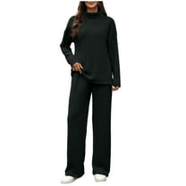 AINIYS Women's 2 Piece Outfits Sweater Set Wide Leg Pants High Neck Pullover Solid Color Sweater Sweatsuit Loungewear Fall Clothes Black S