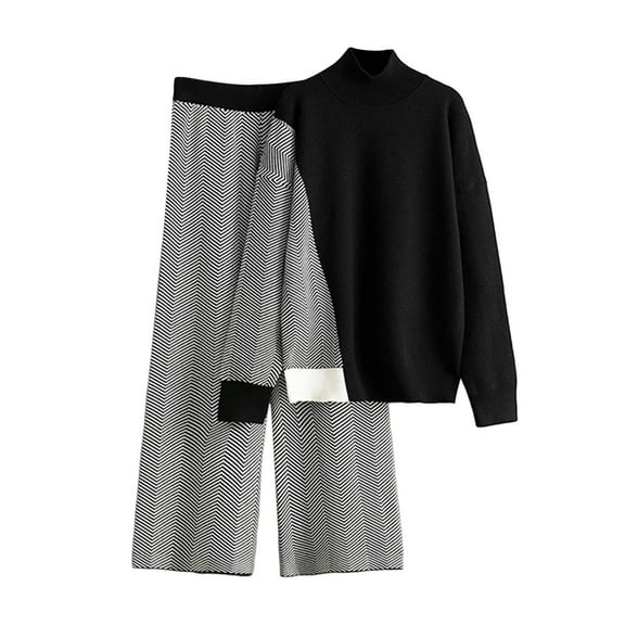 AINIYS Women's 2 Piece Sweater Sets Outfits Long Sleeve Knit Pullover Tops Wide Leg Pants Loungewear Sets Fall Trendy Outfits Black Free Size