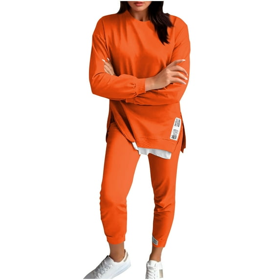 AINIYS Women's 2pcs Round Neck Long Sleeve Split Hem Loose Sweatshirt Elastic Waist Slim Pant Casual Solid Sweatsuit Set Orange S