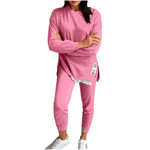 AINIYS Women's 2pcs Round Neck Long Sleeve Split Hem Loose Sweatshirt Elastic Waist Slim Pant Casual Solid Sweatsuit Set Pink XL