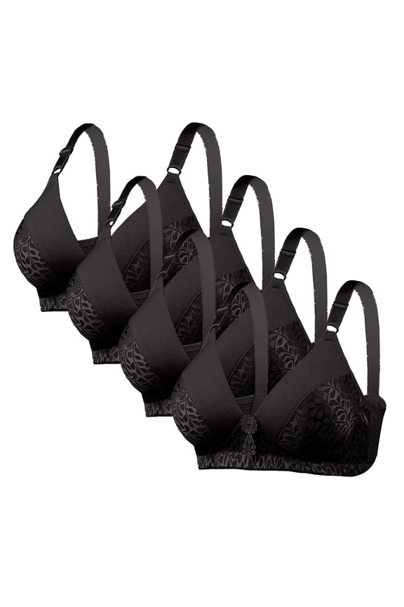 Women's 4PC Lift and Support Push-Up Bra Bralette Wireless Soft Cup Bra Thin Fabric Bralettes Plus Size Armpit Fat Control Bra Breathable Everyday Bras Floral Lace Cleavage Bra Black XL