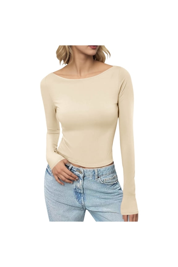 Women's Boat Neck Fitted Cropped Long Sleeve Tops Stylish Basic Layering Casual Daily Wear Blouse Beige S