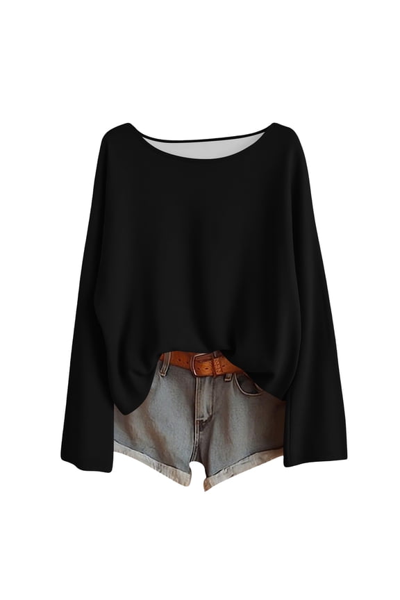 Women's Boat Neck Oversized Slouchy Tops Casual Basic Layering Daily Wear Blouse Black L