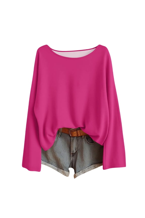 Women's Boat Neck Oversized Slouchy Tops Casual Basic Layering Daily Wear Blouse Hot Pink L