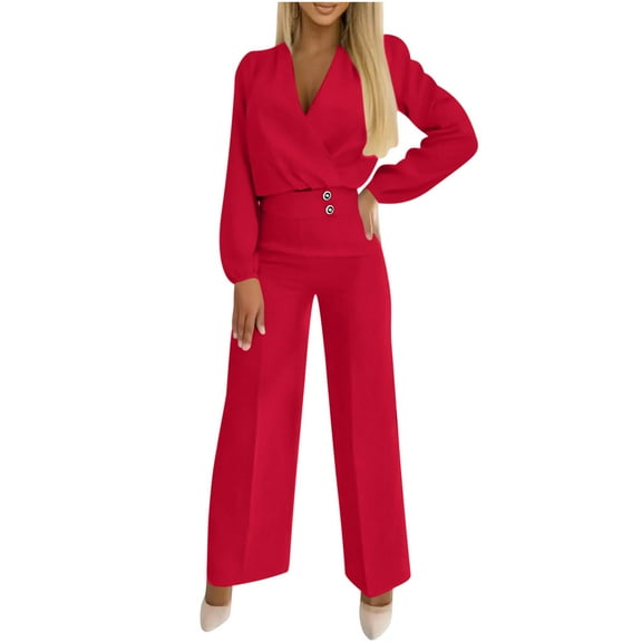 AINIYS Women's Business Casual Outfits Lightweight Deep V Neck Long Sleeve Shirt and Wide Leg Pants Suit Set Red XL