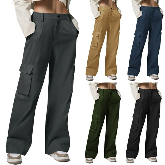 AINIYS Women's Cargo Pants Low Waist Baggy Pants Travel Casual Trendy Stretchy Wide Leg Hiking with Pockets Army Green L