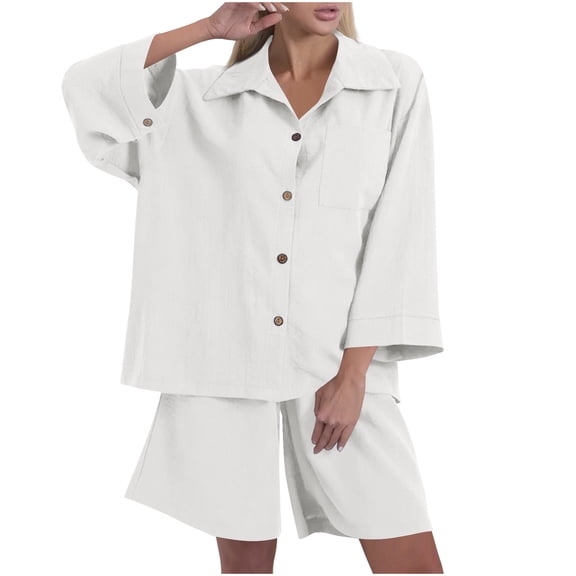 AINIYS Women's Casual 2 Piece Outfits Linen Solid Color Long Sleeve Button Shirts Matching High Waist Drawstring Shorts Sets White XL