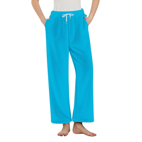 AINIYS Women's Casual Wide Leg Sleeppants Fleece Soft Pjs Pants Drawstring Solid Pants with Pockets Blue Pajamas for Women _s L