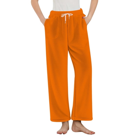 AINIYS Women's Casual Wide Leg Sleeppants Fleece Soft Pjs Pants Drawstring Solid Pants with Pockets Orange Pajamas for Women _s XL